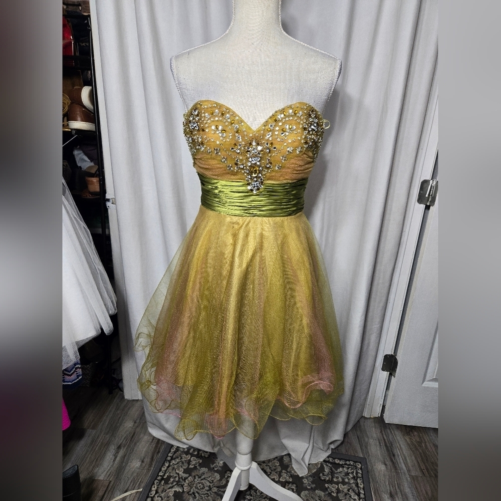 Fiesta Strapless Embellished Prom Dress Sz XS Gold Green
